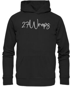 27Wraps Premium Hoodie in schwarz mit elegantem Schriftzug für Karpfenangler und Naturfreunde.