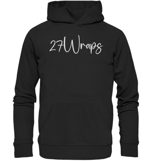 27Wraps Premium Hoodie in schwarz mit elegantem Schriftzug für Karpfenangler und Naturfreunde.