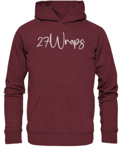 27Wraps Premium Hoodie in burgundy mit elegantem Schriftzug für Karpfenangler und Naturfreunde.
