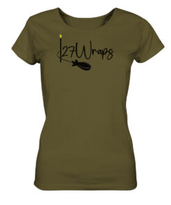 Olivgrünes Bio T-Shirt für Karpfenanglerinnen mit Spod Logo Aufdruck.