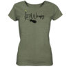 Olivgrün-meliertes Bio T-Shirt für Karpfenanglerinnen mit Spod Logo Aufdruck.