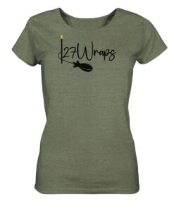 Olivgrün-meliertes Bio T-Shirt für Karpfenanglerinnen mit Spod Logo Aufdruck.