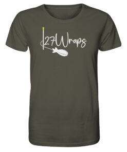 27Wraps Logo mit Spod und Distance Sticks auf einem T-Shirt für Angler in olivgrün.