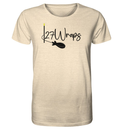 27Wraps Logo mit Spod und Distance Sticks auf einem T-Shirt für Angler einem natürlichen weiß.