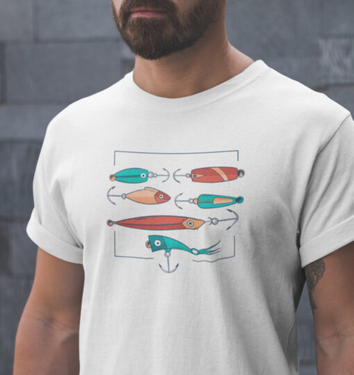 T-Shirt für Raubfischangler mit Kunstköder-Aufdruck. Tolles Geschenk für Angler.