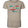 T-Shirt für Raubfischangler mit Kunstköder-Aufdruck in sandfarben.
