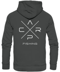 Carp Fishing Hoodie in antrazit mit elegantem Rückendruck für Karpfenangler.