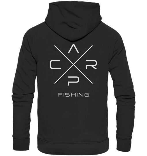 Carp Fishing Hoodie schwarz mit elegantem Rückendruck für Karpfenangler.
