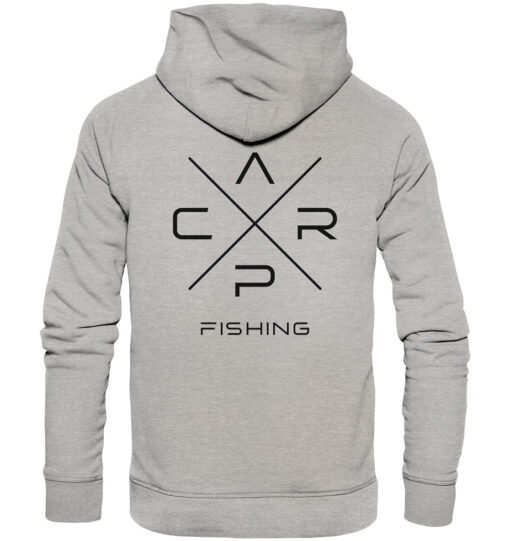 Carp Fishing Hoodie in grau meliert mit elegantem Rückendruck für Karpfenangler.