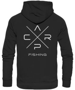 Premium Carp Fishing Bio Hoodie in schwarz für Karpfenangler mit Rückendruck.