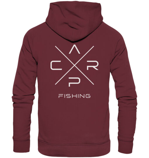 Premium Carp Fishing Hoodie in burgundy für Karpfenangler mit Rückendruck.