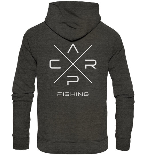 Premium Carp Fishing Hoodie in dunkelgrau-meliert für Karpfenangler mit Rückendruck.