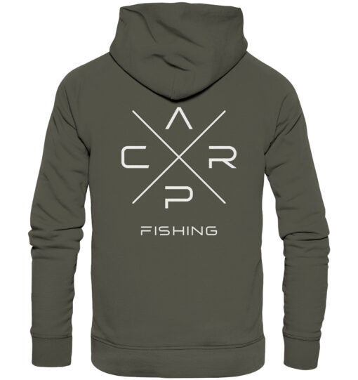 Premium Carp Fishing Hoodie in olivgrün für Karpfenangler mit Rückendruck.