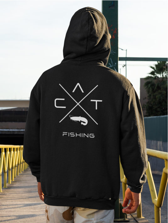 Schwarzer Hoodie für Welsangler mit Catfishing Design.