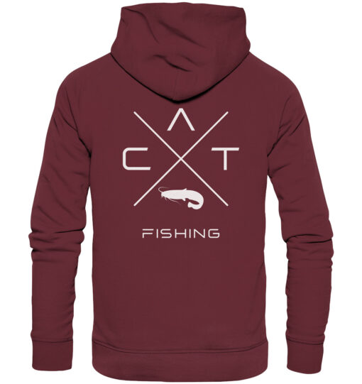 Hoodie für Welsangler in burgundy mit Catfishing Design.