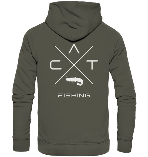 Olivgrüner Hoodie für Welsangler mit Catfishing Design.