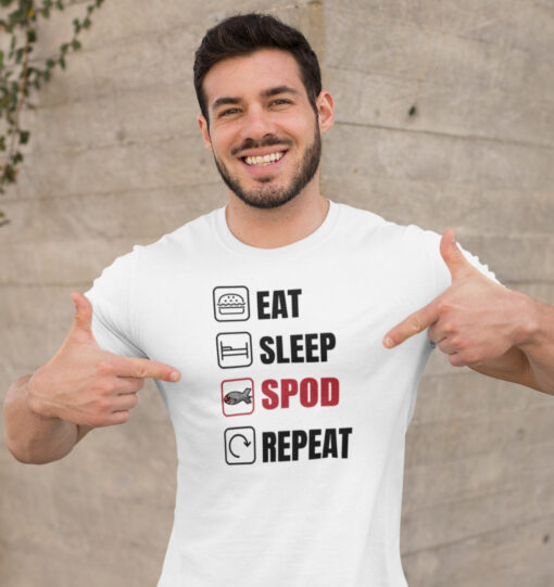 Lustiges Karpfen T-Shirt für Karpfenangler: Bio T-Shirt für Angler mit lustigem Druck: eat, sleep, spod, repeat.