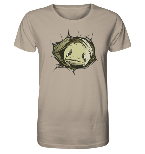 Sandfarbenes T-Shirt für Aalangler bedruckt mit Aal Motiv für Angler.