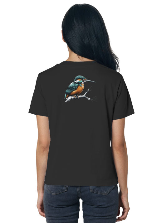 Eisvogel Angler T-Shirt Damen mit Rückendruck für Karpfenanglerinnen. Streetwear für Karpfenangler. Eisvogel T-Shirt für Naturfreunde.
