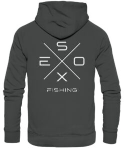 Esox Fishing Hoodie für Raubfischangler in anthrazit mit elegantem Rückendruck.