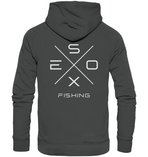 Esox Fishing Hoodie für Raubfischangler in anthrazit mit elegantem Rückendruck.