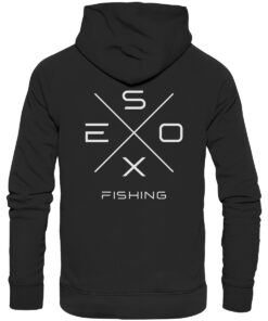 Esox Fishing Hoodie in schwarz für Raubfischangler mit elegantem Rückendruck.