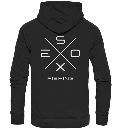 Esox Fishing Hoodie in schwarz für Raubfischangler mit elegantem Rückendruck.