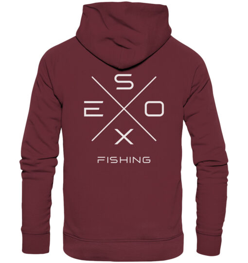 Esox Fishing Hoodie für Raubfischangler in burgundy mit elegantem Rückendruck.