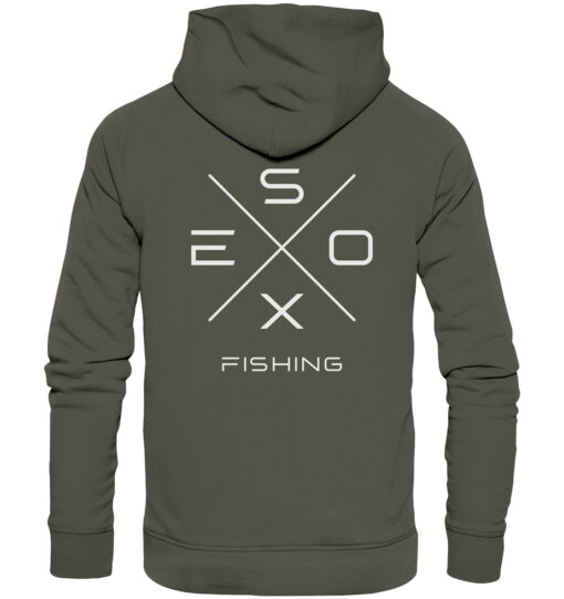 Esox Fishing Hoodie in olivgrün für Raubfischangler mit elegantem Rückendruck.