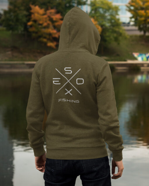 Esox Fishing Hoodie für Raubfischangler mit elegantem Rückendruck.