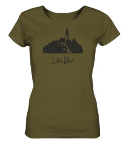 Lake Bled Damen T-Shirt für alle Karpfenanglerinnen in olivgrün.