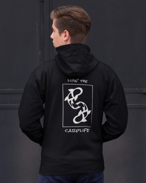 Premium Bio Karpfen Hoodie für Angler: Livin' the carplife Hoodie für Karpfenangler mit Rückendruck. Ein tolles Angler Geschenk.