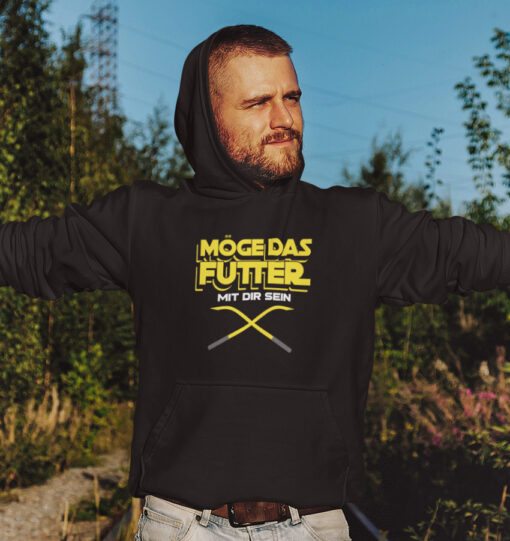 Lustiger Karpfen Hoodie für Karpfenangler: Bio Hoodie für Angler mit lustigem Druck: Möge das Futter mit dir sein! Ein lustiges Geschenk für Angler.