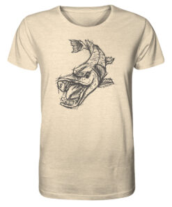 T-Shirt für Raubfischangler mit tollem Hechtmotiv. Bedruckt in Deutschland auf bester Bio-Baumwolle. Raubfisch T-Shirt hier kaufen.