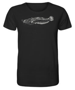 Bio Wels T-Shirt für Welsangler in schwarz mit handgezeichnetem Wels. Ein tolles Geschenk für Wels Angler. Wels Shirts für Angler.