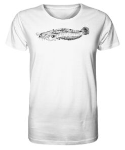 Bio Wels T-Shirt für Welsangler in weiß mit handgezeichnetem Wels. Ein tolles Geschenk für Wels Angler. Wels Shirts für Angler.