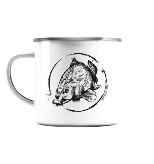 Carp Emaille Tasse für Karpfenangler. Karpfen Tasse als Geschenk für Angler. Tassen für Karpfenangler hier bestellen.