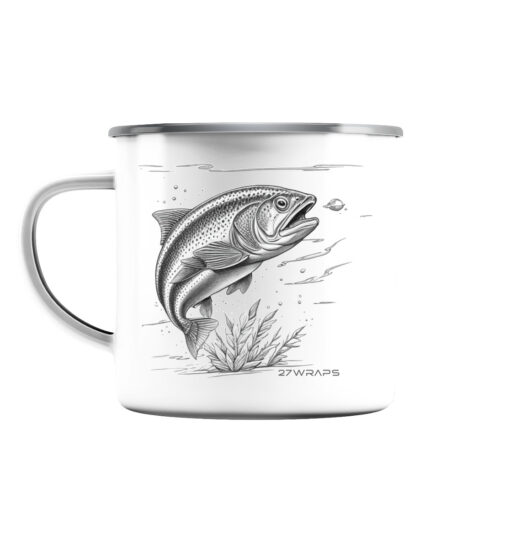 Trout Emaille Tasse für Angler. Raubfisch Angler Tasse als Geschenk für Angler. Tassen für Forellenangler hier bestellen.