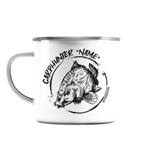 Personalisierte Emaille Tasse für Karpfenangler. Karpfen Tasse als Geschenk für Angler. Carphunter Tasse für Karpfenangler hier bestellen.