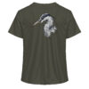 Graureiher Damen T-Shirt für Karpfenanglerinnen. Nachhaltige T-Shirts für Anglerinnen. Angler T-Shirt mit Graureiher Rückendruck in olivgrün.