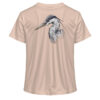 Graureiher Damen T-Shirt für Karpfenanglerinnen. Nachhaltige T-Shirts für Anglerinnen. Angler T-Shirt mit Graureiher Rückendruck in pfirsich.