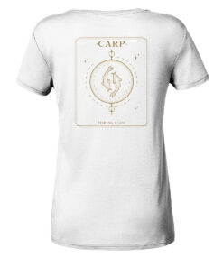 T-Shirt Karpfenanglerin: weißes Carp Fishing for Life Bio Damen T-Shirt für Anglerinnen.
