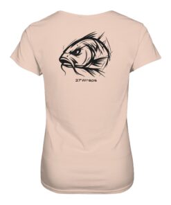 Urban Carp Damen T-Shirt: ein cooles Karpfen Shirt für Frauen mit Rückendruck in pfirsich. Ein cooles Angler T-Shirt und Geschenk für Karpfenanglerinnen.