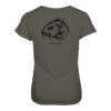Urban Carp Damen T-Shirt: ein cooles Karpfen Shirt für Frauen mit Rückendruck in olivgrün. Ein cooles Angler T-Shirt und Geschenk für Karpfenanglerinnen.