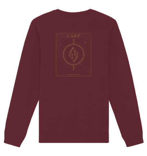 Bedrucktes Karpfenangler Sweatshirt: Carp Fishing for Life Bio Sweatshirt für Karpfenangler in burgund rot.