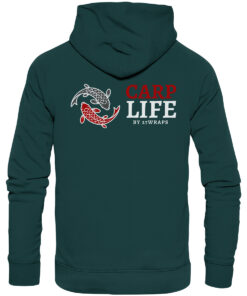 Bio Hoodie für Karpfenangler: grüner Carp Life Hoodie für Angler.