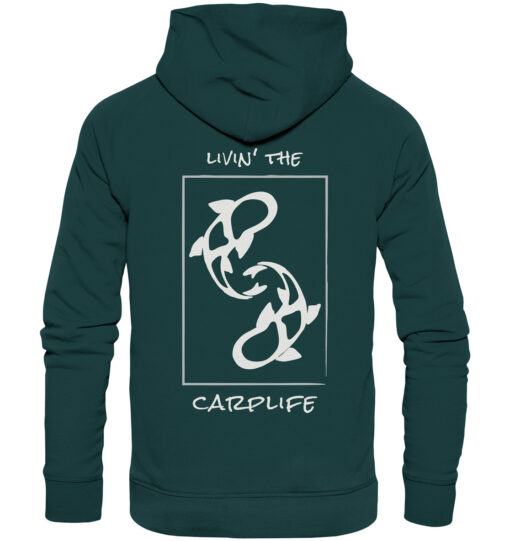 Grüner Bio Karpfen Hoodie für Angler: Livin' the carplife Hoodie für Karpfenangler mit Rückendruck. Ein tolles Angler Geschenk.