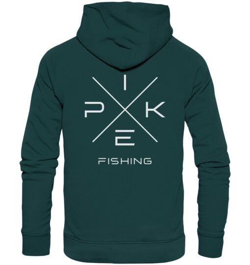 Pike Fishing Hoodie für Raubfischangler in grün mit elegantem Rückendruck.