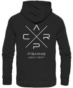 Carp Fishing Hoodie schwarz mit elegantem Rückendruck für Karpfenangler. Personalisierter Karpfen Hoodie für Angler. Ein tolles Geschenk für Angler.