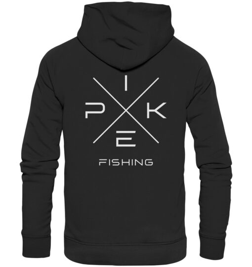 Pike Fishing Hoodie für Raubfischangler in schwarz mit elegantem Rückendruck.